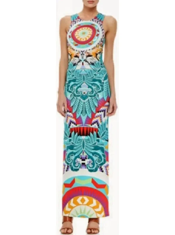 Sleeveless Abstract Printed Multicolor Jersey Maxi Dress Trendy Button Front Maxi Dress