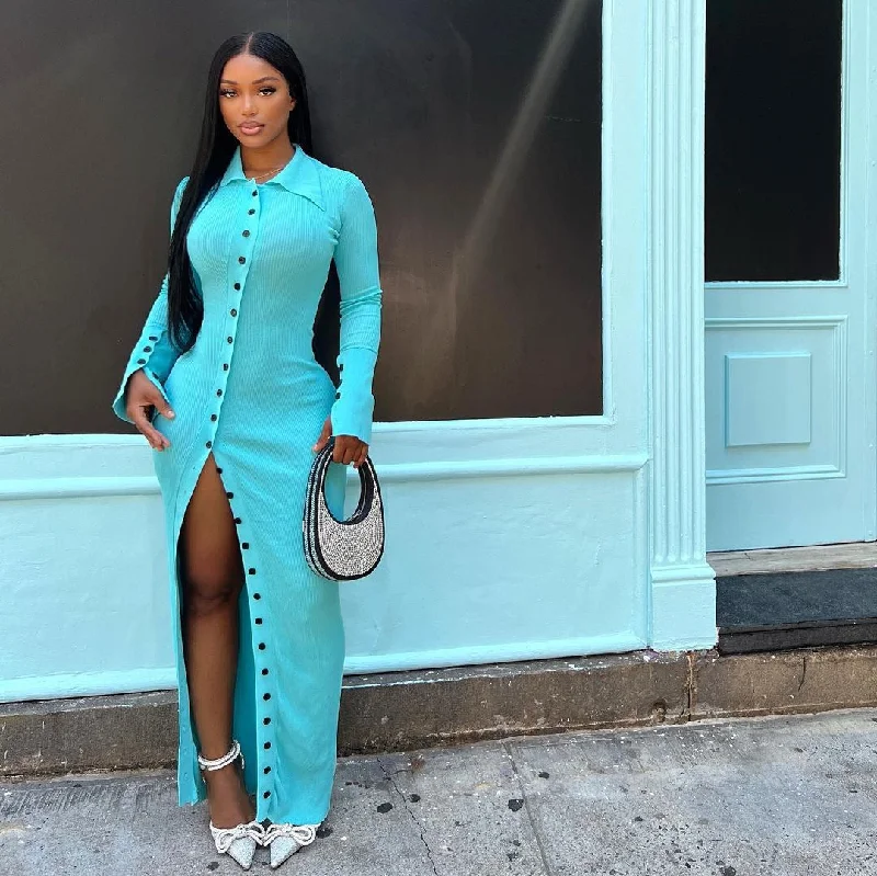 Solid Color Collar Button Down Long Sleeve Slim Split Maxi Dress Comfortable Long-Sleeve Maxi Dress