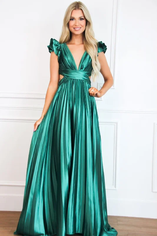 Somewhere With You Pleated Open Back Maxi Dress: Emerald Trendy Off-Shoulder Ruffle Maxi Dress