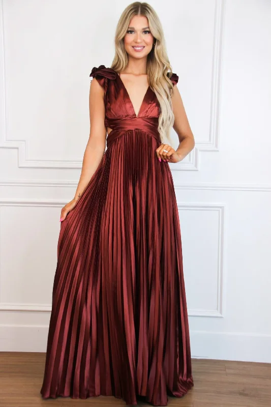 Somewhere With You Pleated Open Back Maxi Dress: Rust Comfortable Satin Maxi Dress