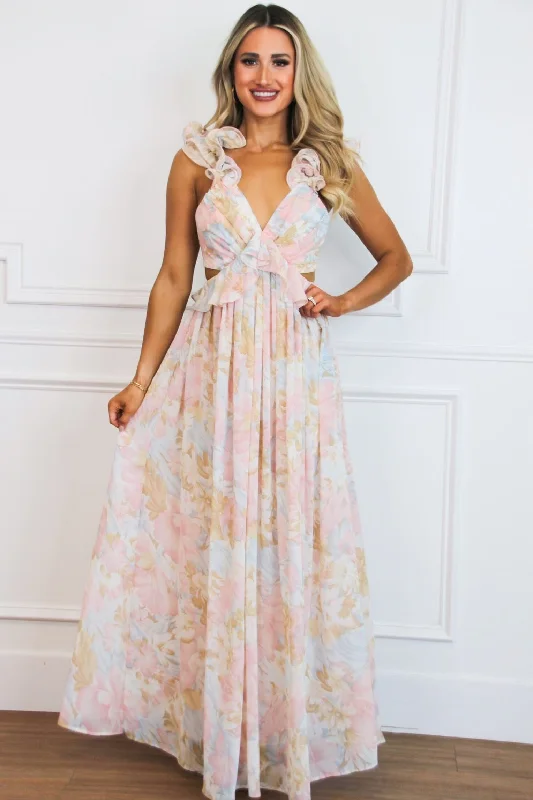 Sophie Floral Cutout Ruffle Maxi Dress: Pink Pastel Multi Fashionable Chiffon Tiered Maxi Dress