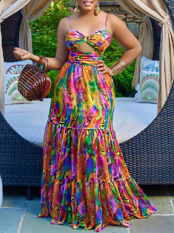 Spaghetti Strap Printed Tie-Dye Maxi Dresses Chic Summer Maxi Dress