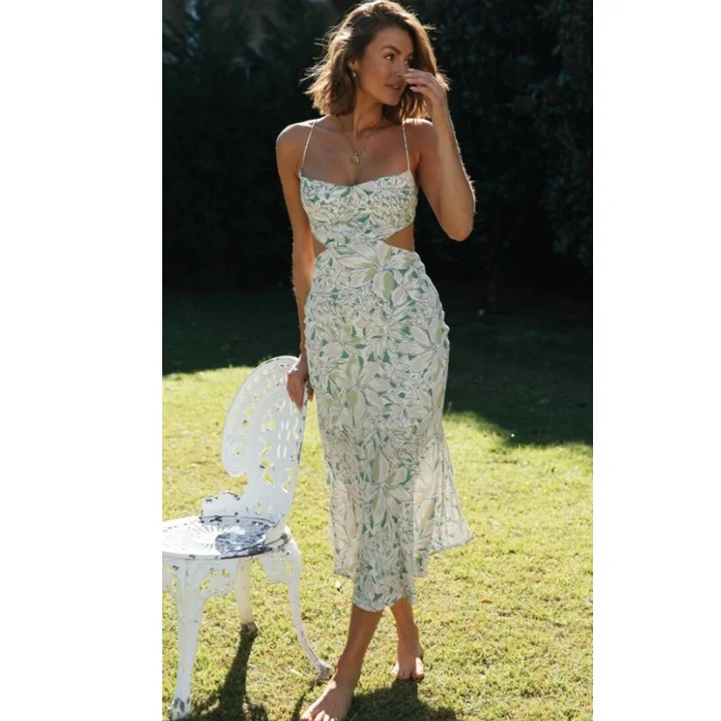 Spring Summer Small Floral Print Backless Lace Up Sweet Sling Elegant Maxi Dress 2023 Comfortable Bohemian Maxi Dress