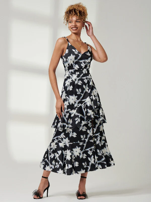 Spaghetti Strap Satin Maxi Dress, Black Floral Elegant Maxi Dress with Belt