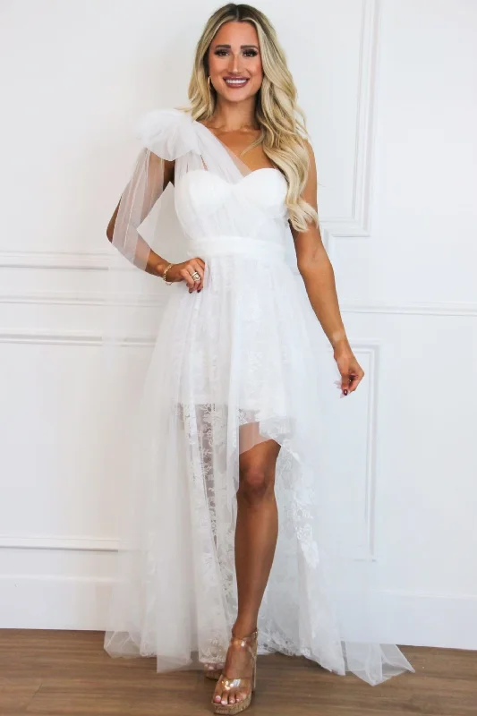Stay Together One Shoulder Bow Lace High Low Maxi Dress: Ivory Fashionable Open-Back Maxi Dress