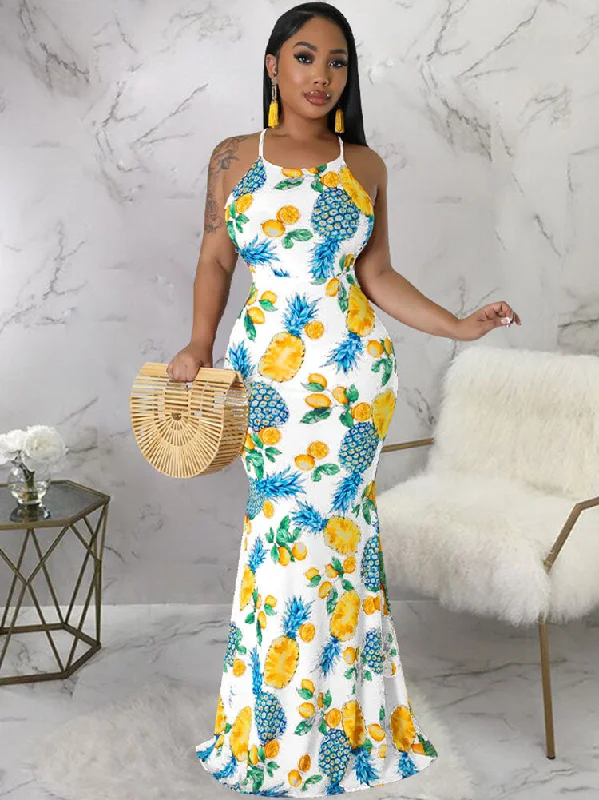 Strappy Back U-Neck Floral Print Fishtail Maxi Dress Trendy Maxi Dress with Straps