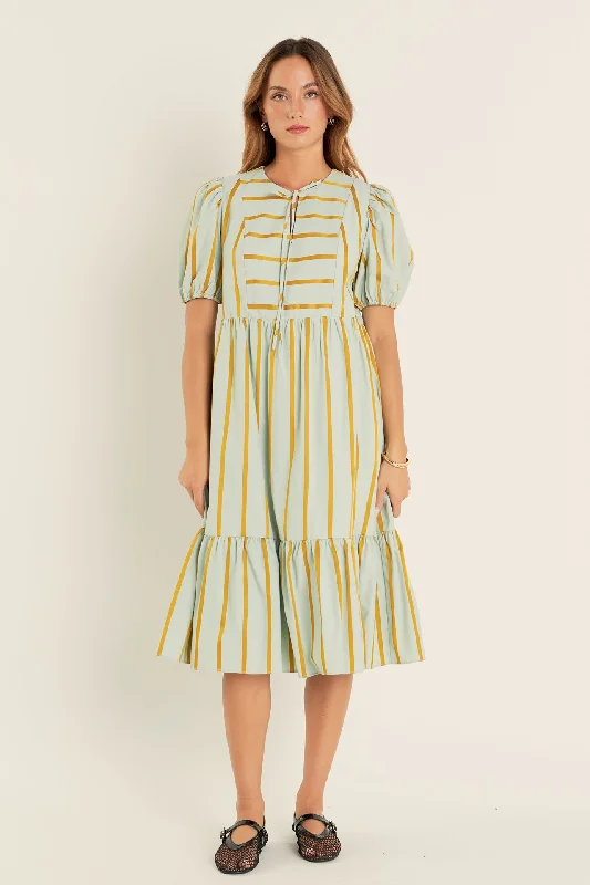 Striped Blouson Maxi Dress Trendy Floral Print Maxi Dress