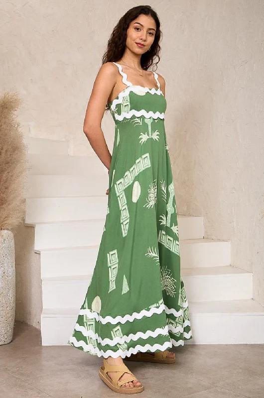 Summer Green/White  Ric Rac Maxi Dress Fashionable Maxi Dress with Fringe