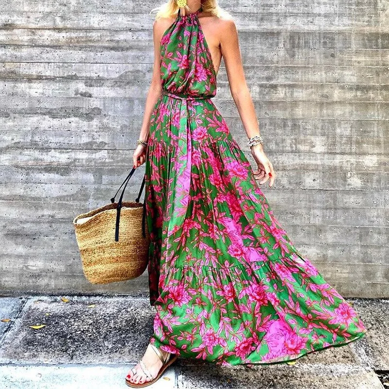 Summer Halter Sleeveless Floral Print Boho Dress for Women Pleated Stitching Maxi Dress High Waist Slim Lace Up Beach Dress 2023 Chic Boho Print Maxi Dress