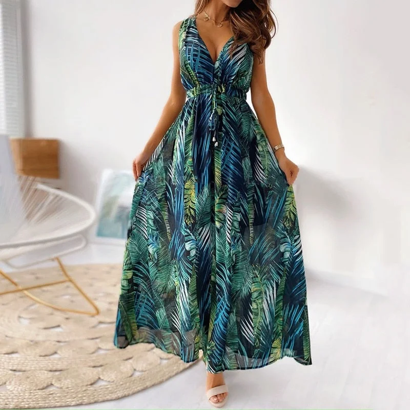 Summer Long Dress Women Sexy V Neck Floral Print Backless Sundress Ladies Elegant Holiday Beach Bandage Maxi Dresses Fashionable Sheer Maxi Dress