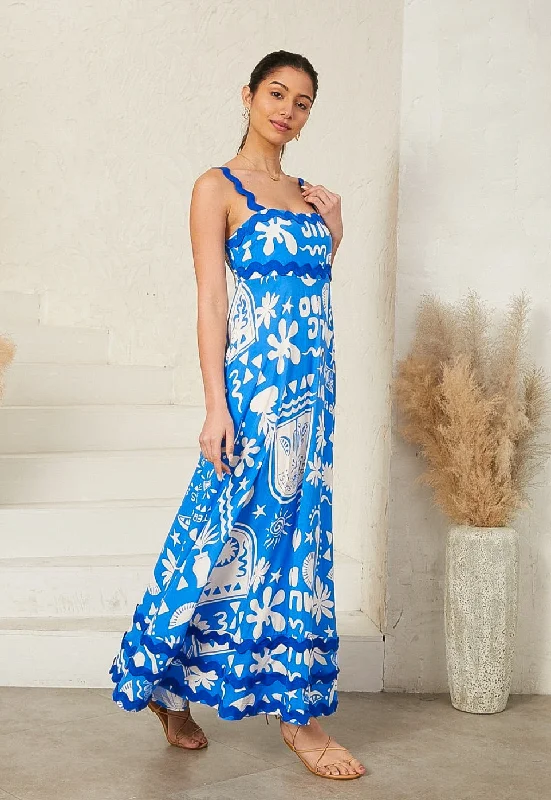 Summer Tequiila Blue/White  Ric Rac Maxi Dress Fashionable Faux Wrap Maxi Dress