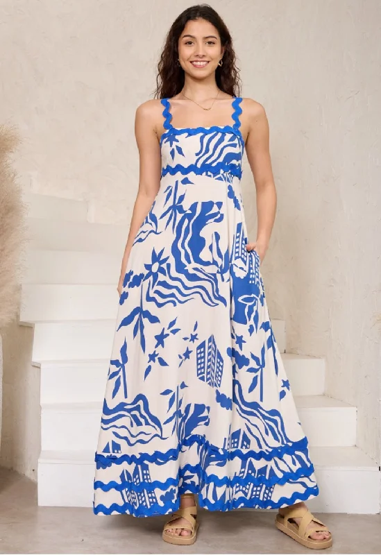 Summer White/Blue  Ric Rac Maxi Dress Classic A-Line Maxi Dress