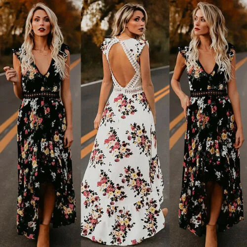 Summer Women Elegant Vintage Boho Long Maxi Dress Sexy Backless Party Beach Dress Floral Sundress Chic Summer Maxi Dress