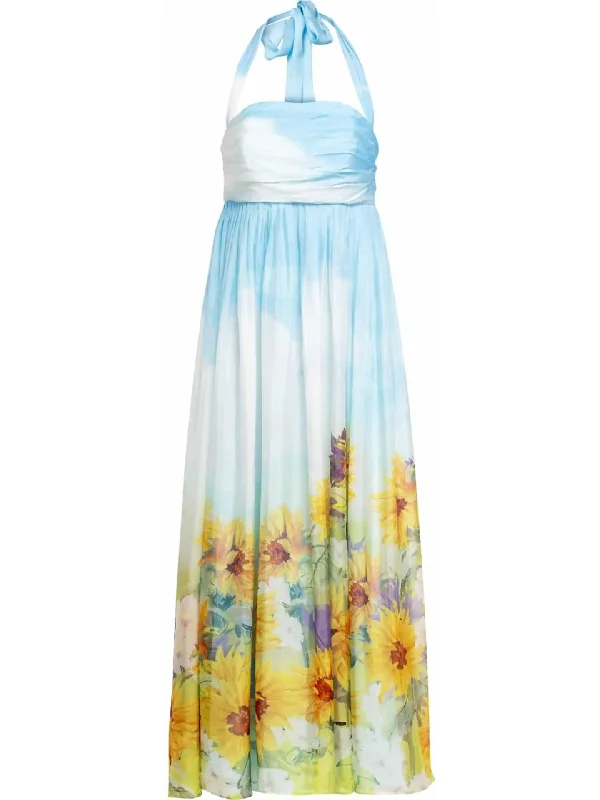 Sunflower and Cloud Printed Silk Halter-Neck Maxi Dress Classic Black Maxi Dress