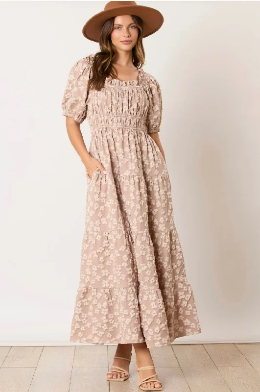 TAUPE TEXTURED MAXI DRESS Comfortable Maxi Dress with Slits