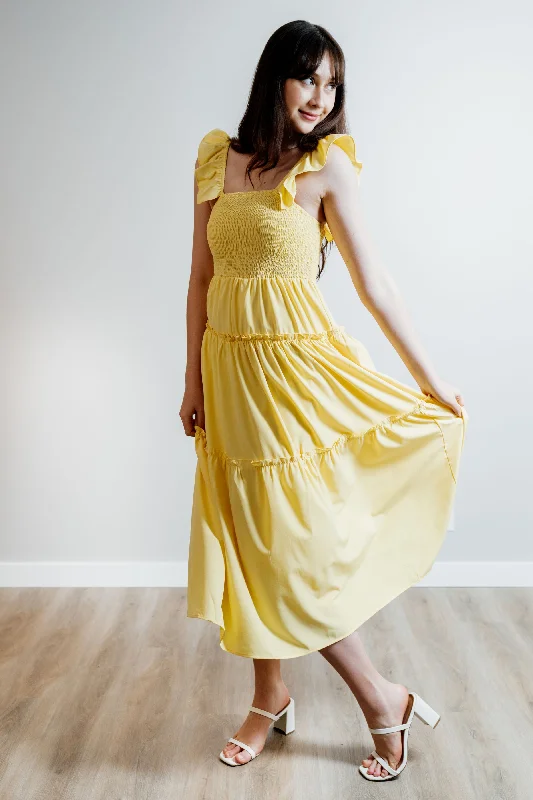 Tier Drop's of Yellow Maxi Dress Comfortable Ruffle Hem Maxi Dress