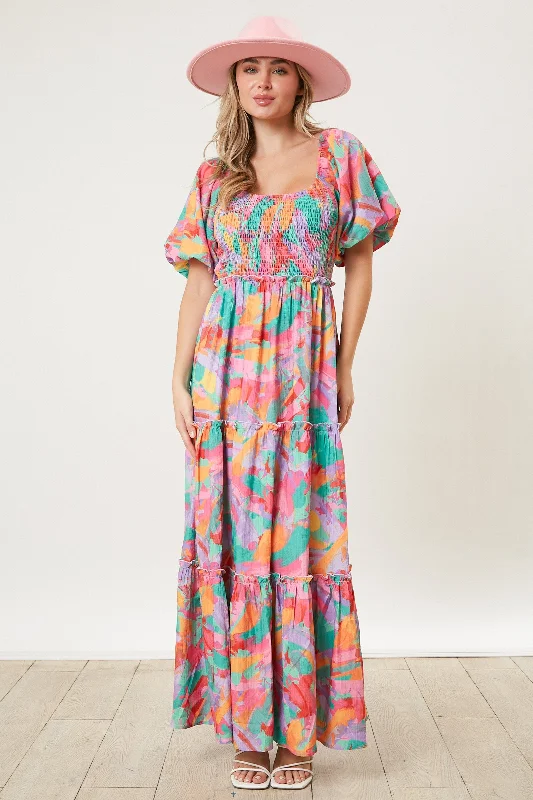 TIERED FLORAL MAXI DRESS WITH PUFF SLEEVES AND SMOCKED DETAILING Fashionable Asymmetrical Maxi Dress