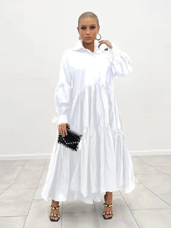 Tiered Swing Collar Solid Maxi Dresses Stylish One-Shoulder Maxi Dress