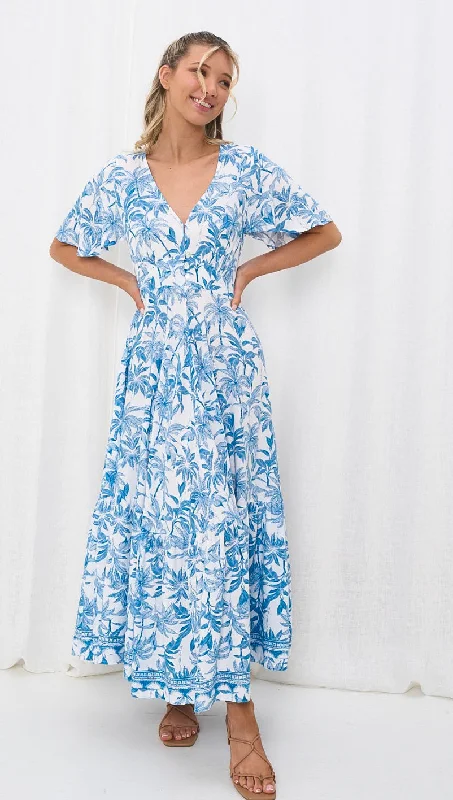 Felicity Tropical Blue and White Maxi Dress Cozy Open-Back Maxi Dress