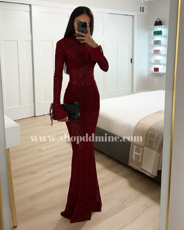 WAYLYNN BURGUNDY VELVET DETAIL MESH BACKLESS MAXI DRESS Stylish Button-Up Maxi Dress