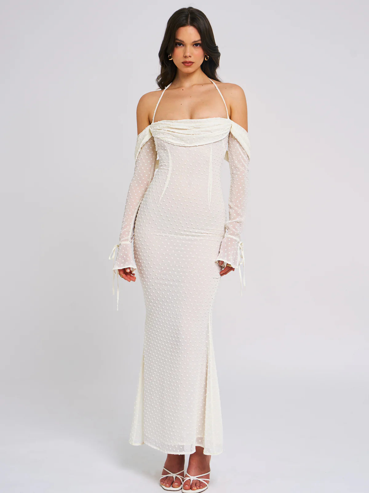 Kaia Long Sleeve Off Shoulder Maxi Dress Trendy Off-Shoulder Ruffle Maxi Dress
