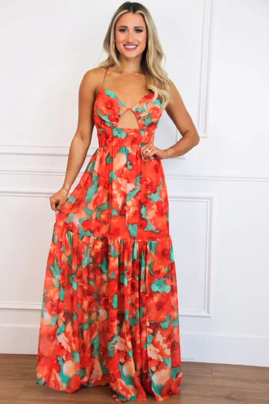 Vandi Floral Maxi Dress: Red Combo Fashionable Maxi Dress with Fringe