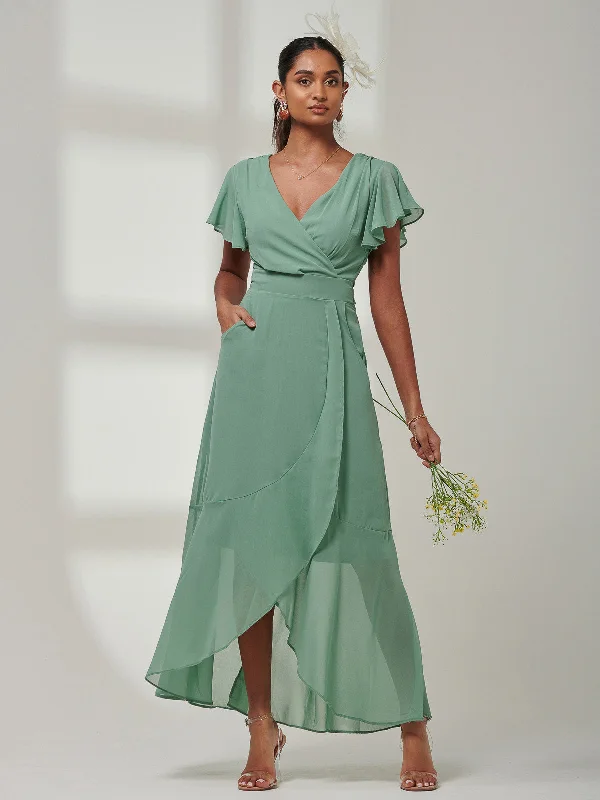 Vicky Chiffon Frill Maxi Dress, Green Elegant Silk Maxi Dress