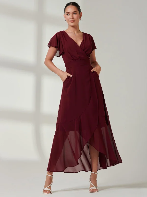 Vicky Chiffon Frill Maxi Dress, Burgundy Cozy Cold-Shoulder Maxi Dress