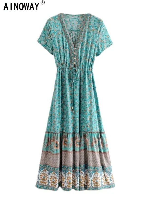 Vintage Chic Women Floral Print Bat Sleeve Beach Bohemian Maxi Dresses Ladies V Neck Button Summer Boho Dress Vestidos Trendy Maxi Dress with Bow