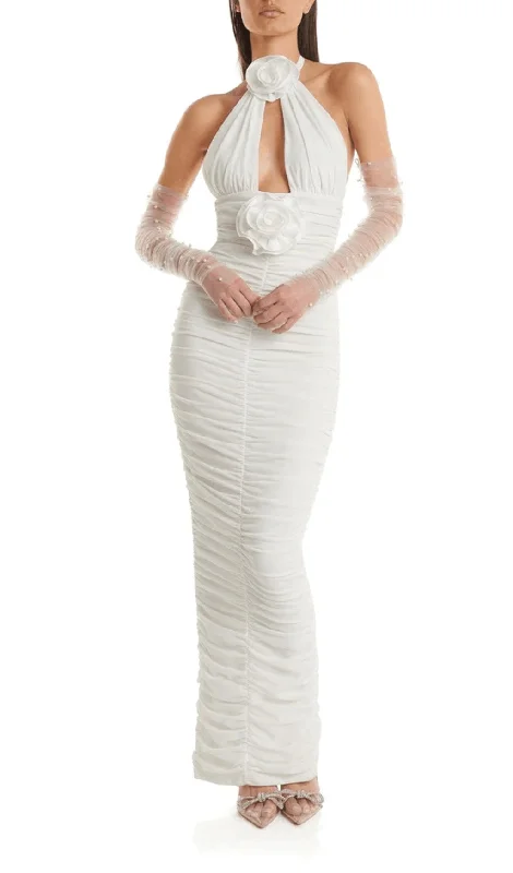 WHITE 3D FLORAL CIRCLE NECK BANDAGE MAXI DRESS Fashionable Printed Maxi Dress