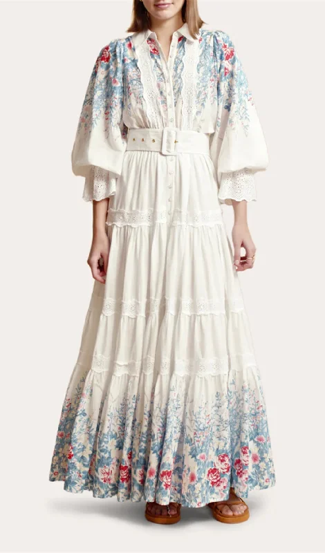 WHITE COTTON LAPEL GATHERED WAIST FLORAL PRINTED MAXI DRESS Chic Off-Shoulder Maxi Dress WHITE COTTON LAPEL GATHERED WAIST FLORAL PRINTED MAXI DRESS Chic Off-Shoulder Maxi Dress