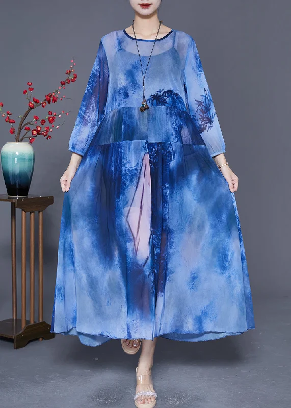 Women Blue Oversized Patchwork Tie Dye Chiffon Maxi Dresses Summer Stylish A-Line Maxi Dress