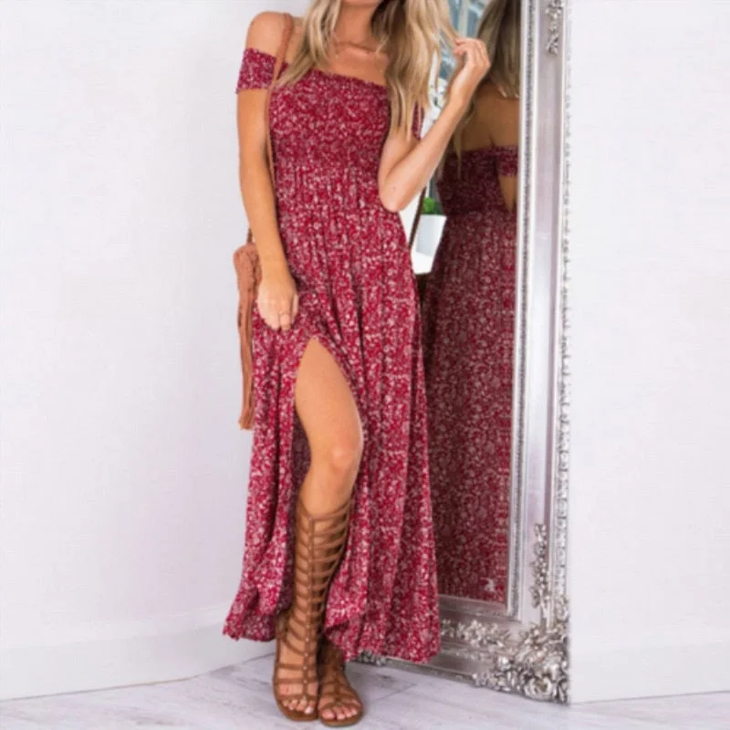 Women Boho Off shoulder High Waist Short Sleeve Maxi Dress Ladeis Summer Floral Beach Casual Long Sundress Stylish Long Sleeve Maxi Dress