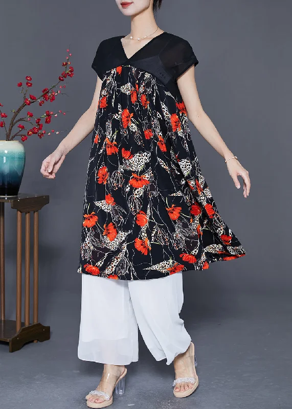 Women Red Floral Exra Large Hem Chiffon Maxi Dresses Summer Stylish Maxi Dress with Pleats