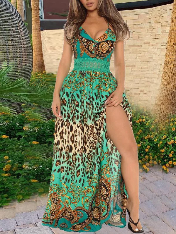 Women's Dresses Leopard Print Sling Slit Maxi Dress Comfortable Ruffle Maxi Dress