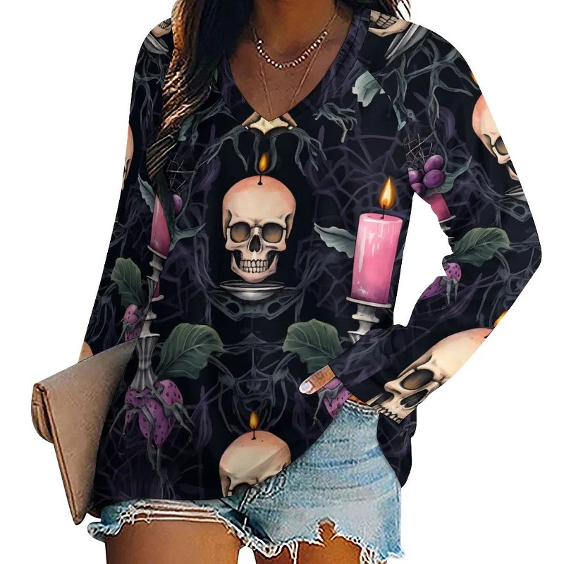 Women's Skull Gothic Long Sleeve Loose Tee Anti-Pilling Machine Wash Handmade