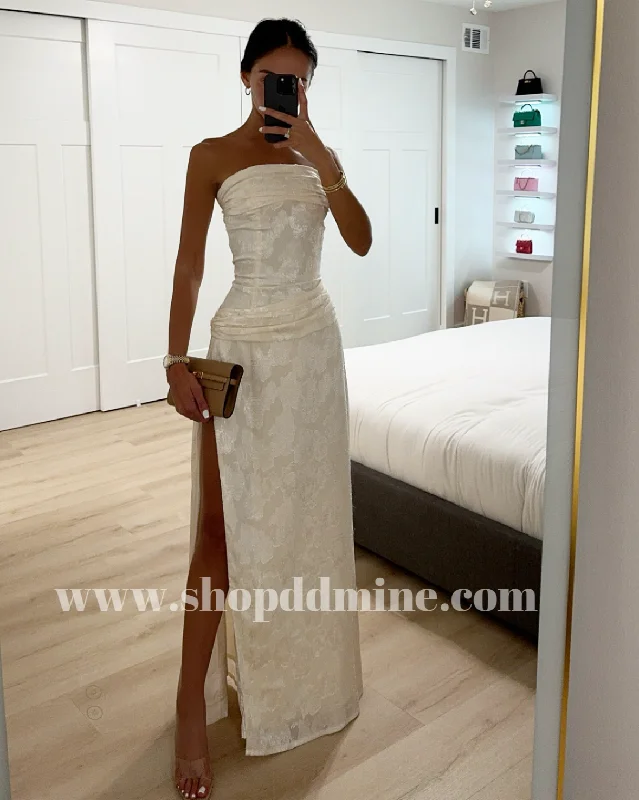 XATIA OFF WHITE JACQUARD TEXTURED HIGH SLIT MAXI DRESS Comfortable Plunging Neckline Maxi Dress