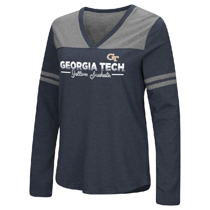 Ladies Georgia Tech Yellow Jackets Heritage V-Neck Long Sleeve T-Shirt Denim Fabric Leather Fabric Suede Fabric