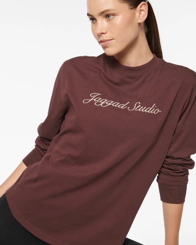 SCRIPT OVERSIZED LONG SLEEVE TEE BURGUNDY Chenille Fabric Brocade Fabric Lace Fabric