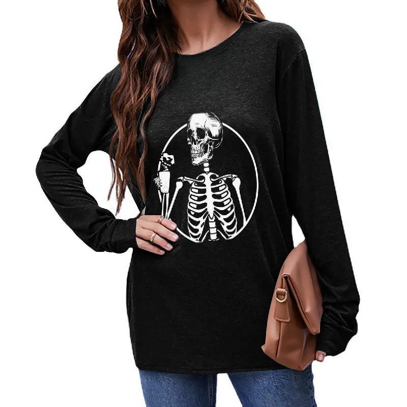 Skeleton Drinking Coffee Women's Long Sleeve T-Shirt Jersey Fabric Tulle Fabric Batik Fabric