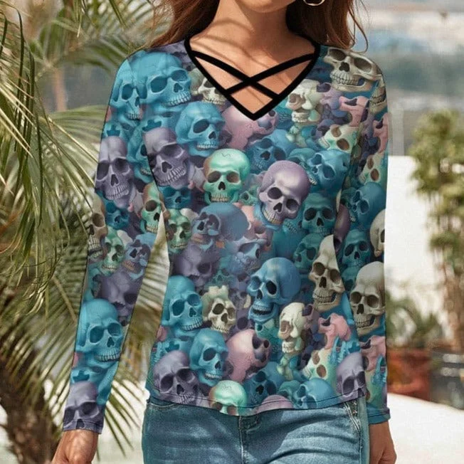 Women's Pastel Skulls V-Neck Long Sleeve T-Shirt Striped Floral Plaid