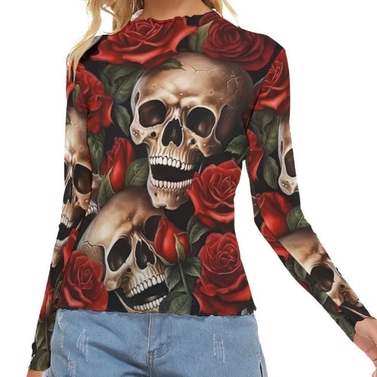 Women's Red Roses And Skulls Mesh T-shirt Notch Collar Peter Pan Collar Cowl Neck