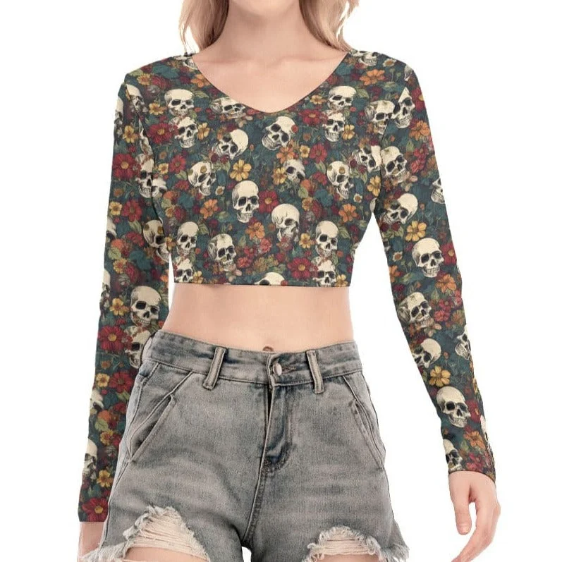 Women's Skull Floral Back Hollow T-shirt With Strap Welt Pockets Slit Pockets Flap Pockets