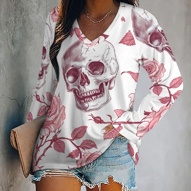 Women's Skull Pink Flowers Long Sleeve Loose Tee Embroidered Appliqued Beaded