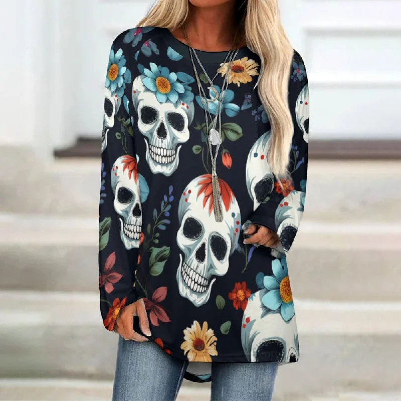 Women's Skulls With Blue Flowers Crew Neck Long Sleeve T-Shirt Rayon Fabric Velvet Fabric Corduroy Fabric