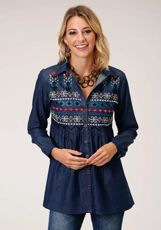 WOMENS LONG SLEEVE INDIGO DENIM TUNIC BLOUSE Mandarin Collar Blouse