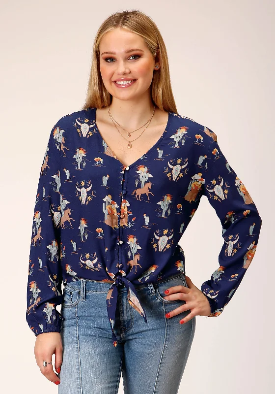 WOMENS LONG SLEEVE COWBOY PRINT RAYON  BLOUSE Silky Draped Blouse