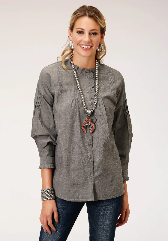 WOMENS LONG SLEEVE COTTON MELANGE Y D BTN FRT  BLOUSE Elegant Lace Blouse