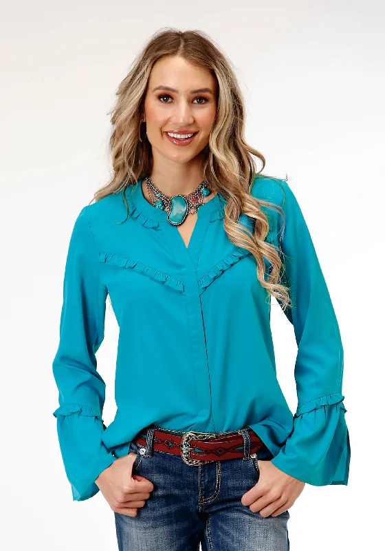 WOMENS LONG SLEEVE DK TURQUOISE POLY PEASANT  BLOUSE Office Formal Blouse