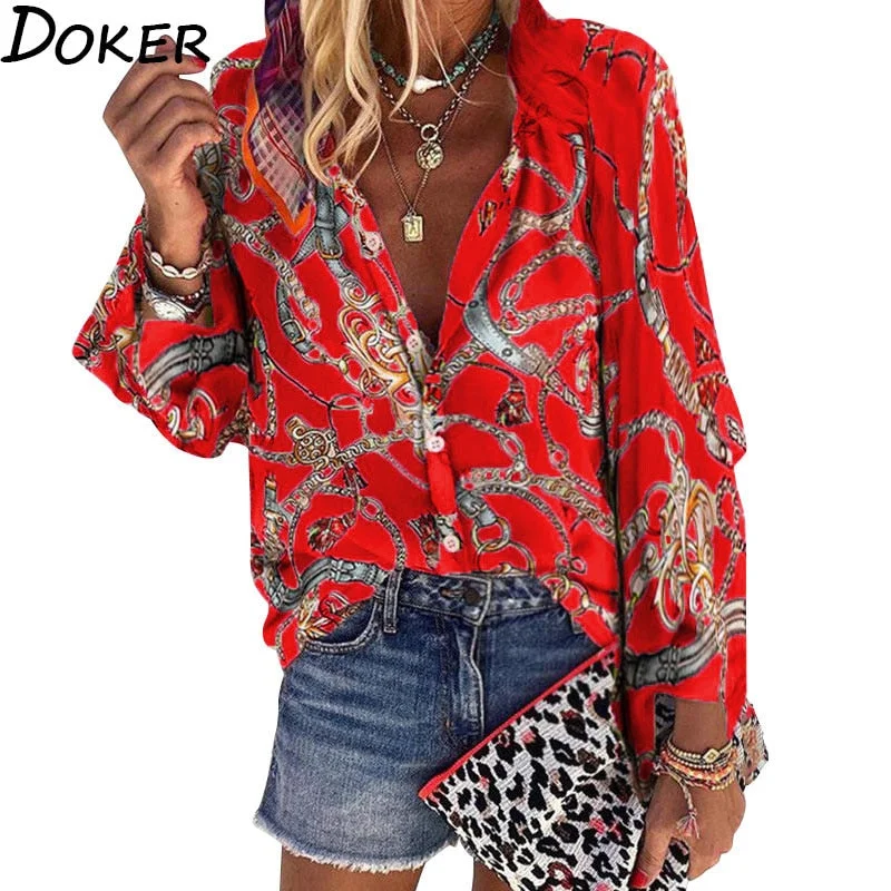2020 New Design Plus Size Women Blouse V-neck Long Sleeve Chains Print Loose casual Shirts Womens Tops And Blouses Casual Button Blouse